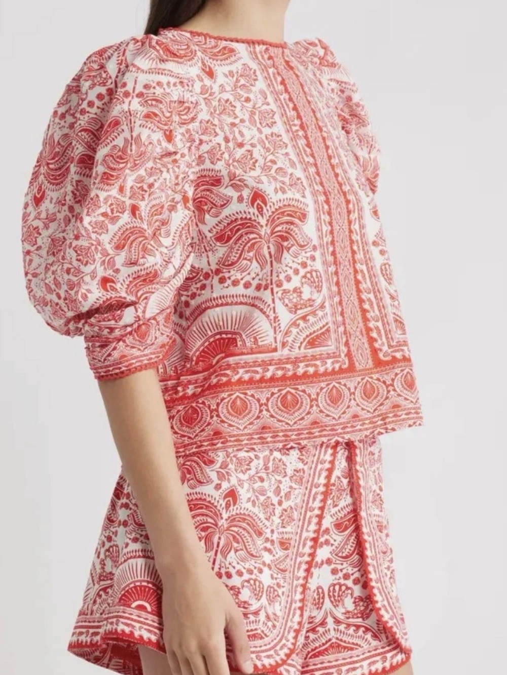 Farm Rio River Ride Blouse M Red White Puff Sleeve Cotton Top  Boho Tropical